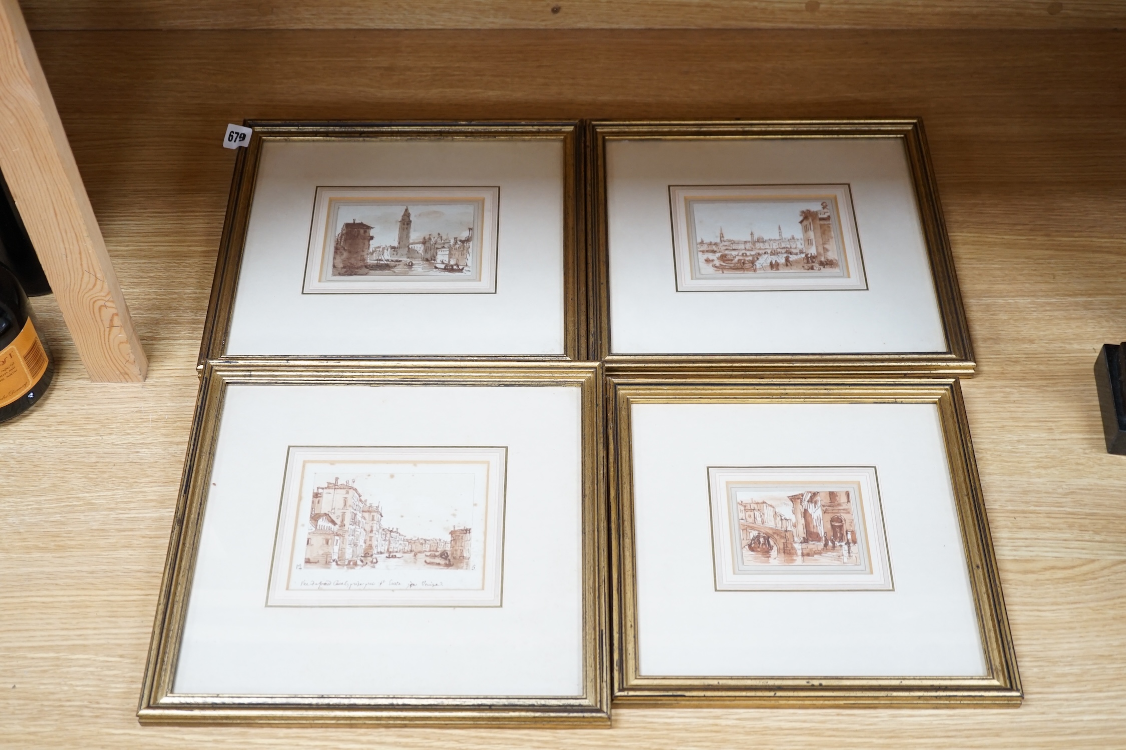 Four 18th/19th century sepia pen and ink sketches, Venetian scenes including 'La douane de mer a Venise', largest 10.5 x 14cm. Condition - fair, discolouration and foxing throughout commensurate with age